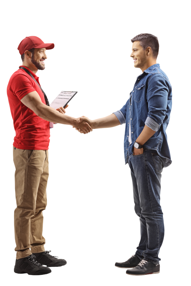 Two colleagues shaking hands over a vehicle service agreement