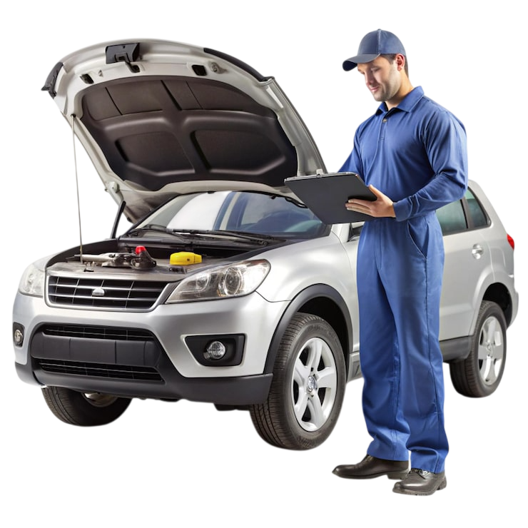Technician performing a vehicle inspection under the hood